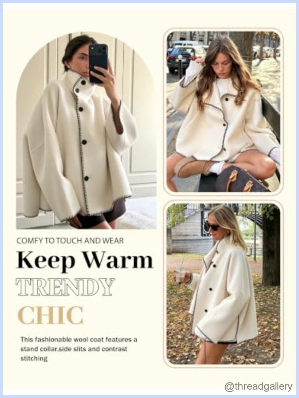 Cropped Wool Blend Pea Coat with Stand Collar & Embroidery - Picture 4 of 6